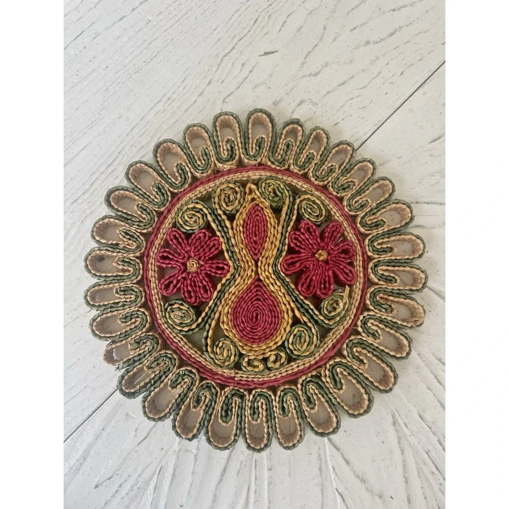 Vtg Colorful Straw Trivets Set of 4 Boho Kitchen Woven Raffia